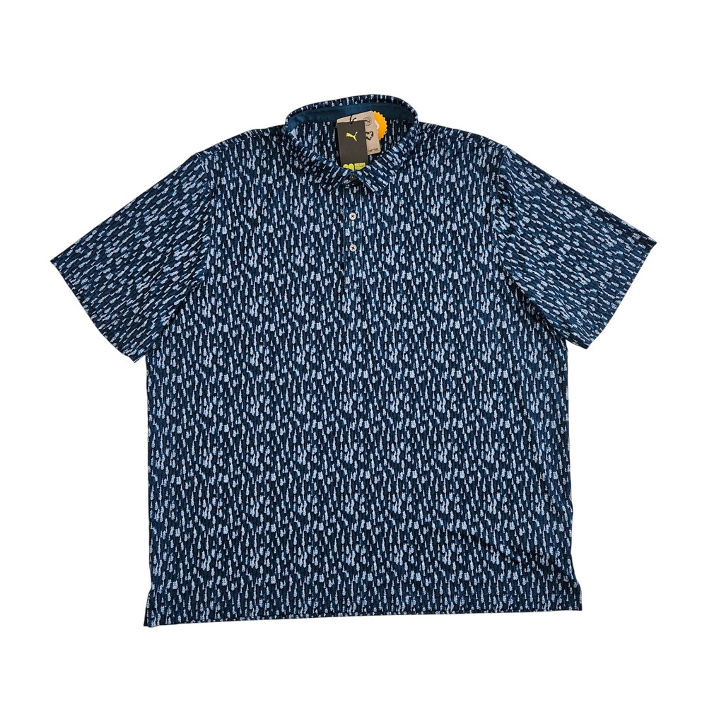 Puma (Mens XXL) Mattr Pines Golf Polo Shirt Blue Tree Pattern UPF 40 Stretch